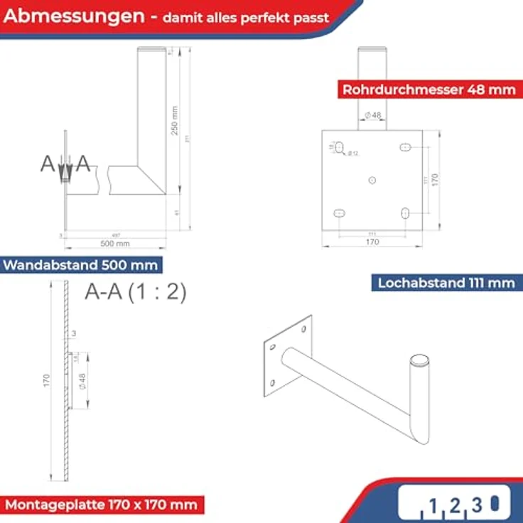 PremiumX 45-50cm Wandhalter Stahl verzinkt Ø 48mm, L-Form, für Satelliten-Schüssel SAT-Antenne mit Kabeldurchführung – Bild 4