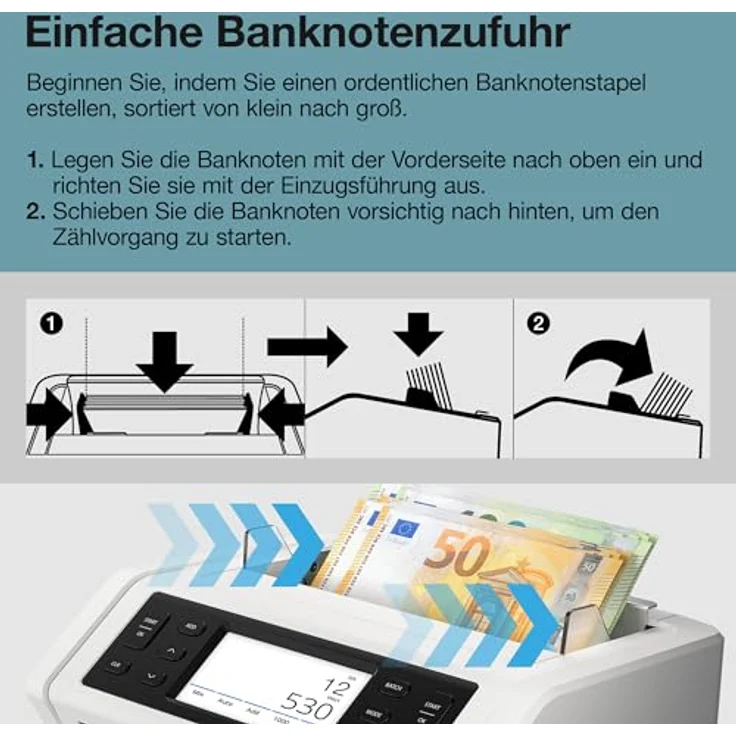 Safescan Banknotenzähler 2485-SC, Geldzählmaschine mit 100 % Falschgelderkennung, Wertzählung für bis zu 40 Währungen, Bluetooth App-Funktion, Touch-Display – Bild 4