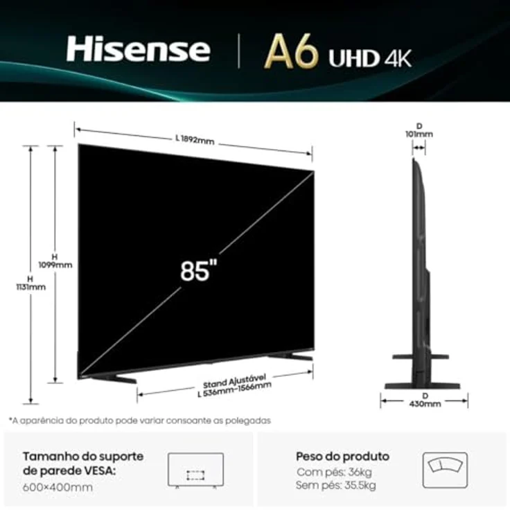 Hisense 85A6Q, 85 Zoll 4K Ultra HD Smart TV mit Dolby Vision, HDR 10, Game Mode Plus, Alexa Built-in und VIDAA U8 – Bild 2