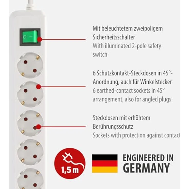 Brennenstuhl Eco-Line, Steckdosenleiste 6-fach (Steckerleiste mit erhöhtem Berührungsschutz, Schalter und 1,5m Kabel) weiß – Bild 2