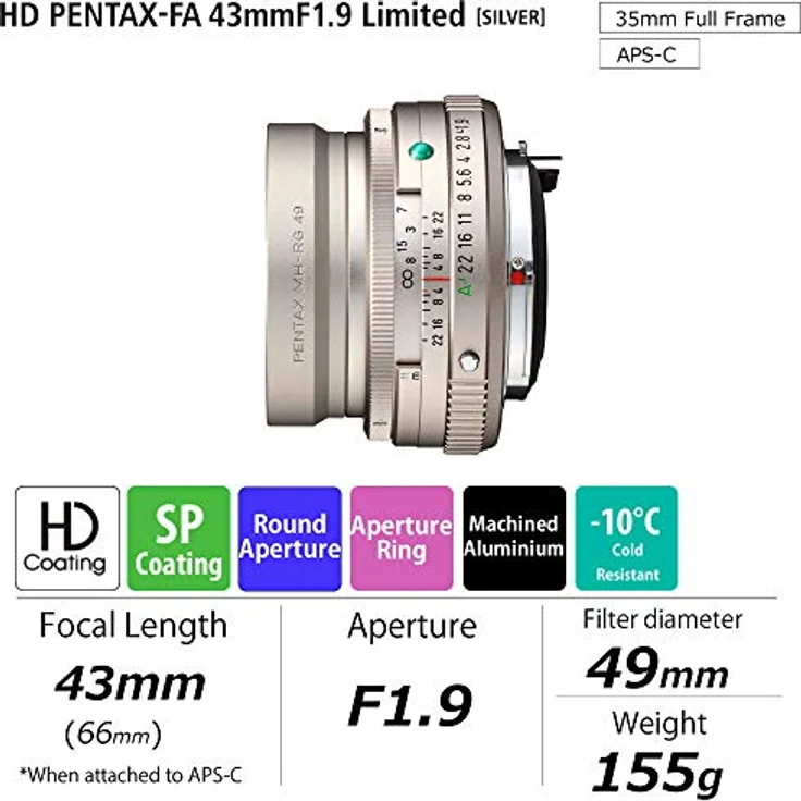 Pentax PENTAX-FA 43mm F1.8 Limited, Weitwinkelobjektiv mit HD-Vergütung für PENTAX K-System, Silber, 35 mm Vollformat – Bild 2