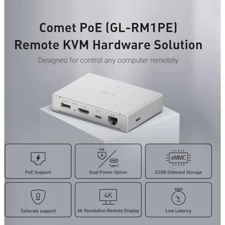 GL.iNet Comet PoE (GL-RM1PE), Remote KVM Switch mit 4K@30Hz, 32GB eMMC, PoE & Type-C Dual Power, Tailscale Support für PC Server Fernzugriff, ATX Board/Fingerbot Unterstützung – Bild 2