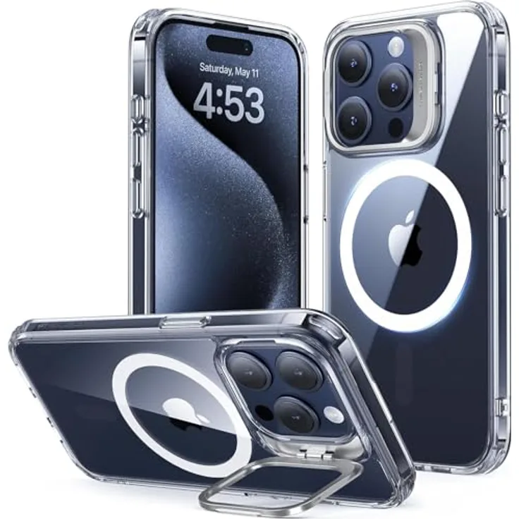 ESR iPhone 15 Pro Hülle, MagSafe kompatibel, Militärnorm, integrierter Ständer, Kratzfeste Rückseite, Classic Serie, Klar