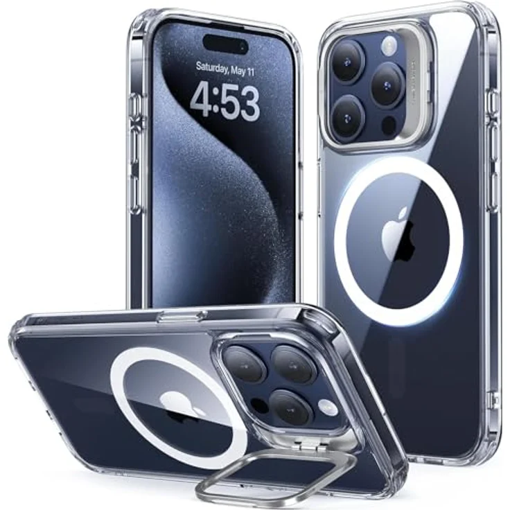 ESR iPhone 15 Pro Hülle, MagSafe kompatibel, Militärnorm, integrierter Ständer, Kratzfeste Rückseite, Classic Serie, Klar – Bild 1