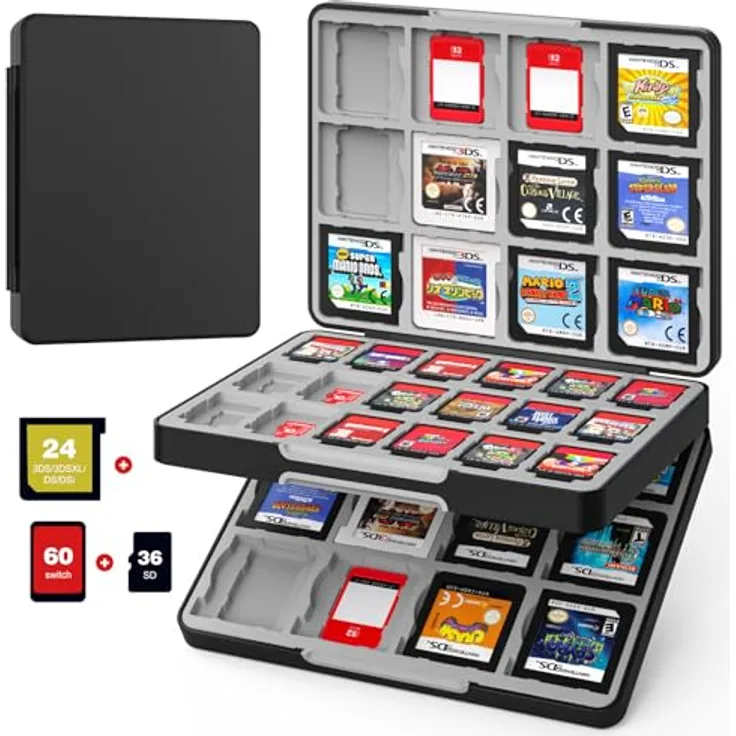 MoKo 60 Slots Spiel Aufbewahrungsbox, kompatibel mit Switch 2/Switch OLED/3DS/3DSXL, 60 Game Card Slots, 24 3DS Karten, 36 SD Karten, Schwarz