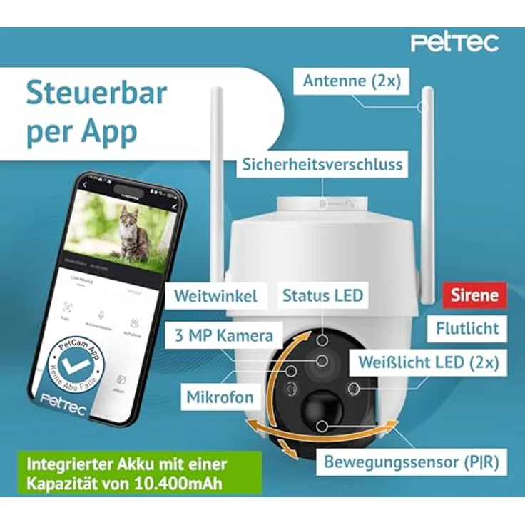 PetTec Pet Cam Free'n 360, Wi-Fi/WLAN 2.4GHz Überwachungskamera mit 3MP, Akku, Pan&Tilt, Bewegungserkennung bis 30m, Nachtsicht bis 20m, IP65, Flutlicht & Sirene – Bild 3