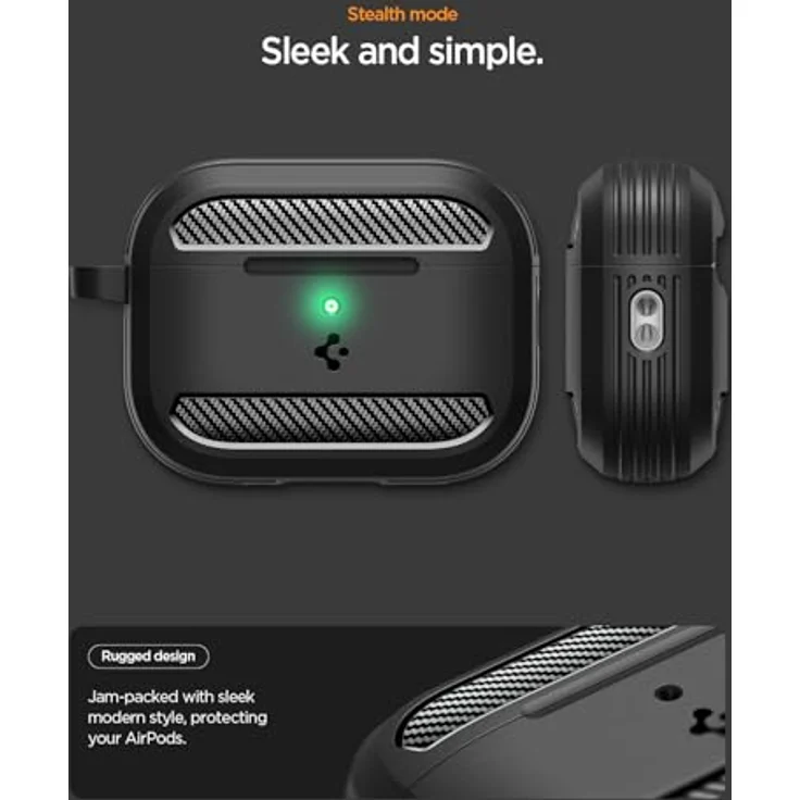 Spigen Rugged Armor Hülle Case für AirPods Pro 3. Generation (2025), Matt Schwarz, TPU-Gehäuse mit Karabiner und kabellosem Laden – Bild 3