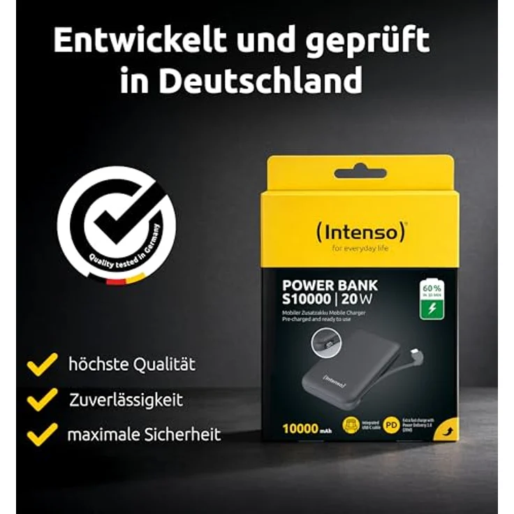 Intenso S10000 Lithium Polymer Powerbank mit 10.000 mAh, Grau, schnelle Ladeleistung bis 20 W, integriertes USB-C-Kabel, LCD-Anzeige – Bild 8
