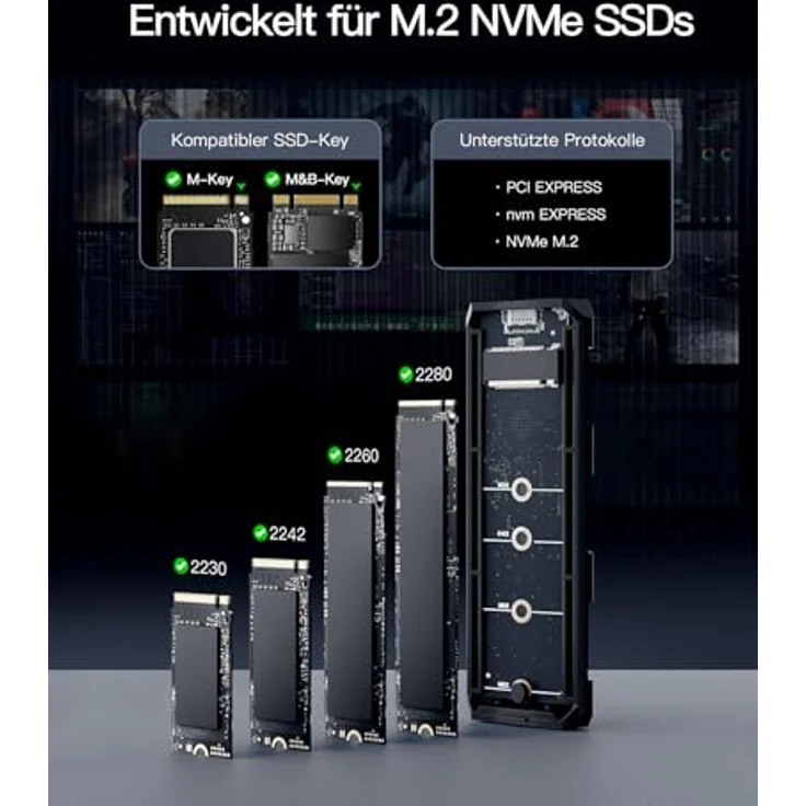 Inateck RGB M.2 NVMe SATA SSD Gehäuse 10 Gbps, USB 3.2 Gen 2 Gehäuse unterstützt UASP Trim für NVME/SATA SSDs 2230/2242/2260/2280(M Key/B+M Key), werkzeuglose Installation (bis zu 4TB), FE2024, Intelligente RGB-Übertragungsanzeige, Aluminiumlegierung (schwarz) – Bild 3