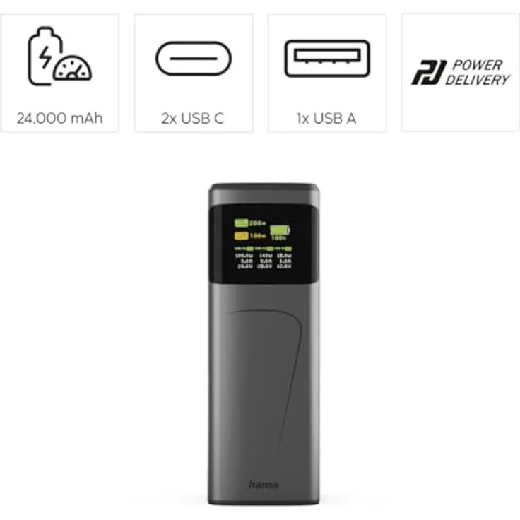 Hama High Power Powerbank, 24000 mAh, 200 W, mit Schnellladefunktion und TFT-Farbdisplay, Grau – Bild 3