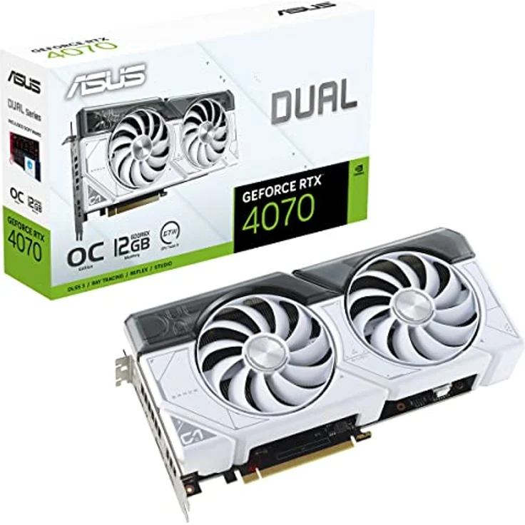 ASUS Dual GeForce RTX 4070 OC White Edition 12GB GDDR6X Gaming Grafikkarte (NVIDIA GeForce RTX4070 DLSS3, PCIe 4.0, 1x HMDI 2.1, 3X DisplayPort 1.4a, DUAL-RTX4070-O12G-WHITE) weiß – Bild 1