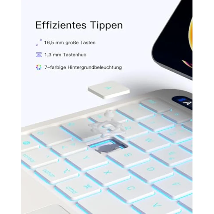 Inateck NeoMagic Magnetische Tastatur für iPad 11" M4/M3/M2, Air 5/4, Pro 11, mit großem Trackpad, LED-Anzeige, 7-farbig hinterleuchtet, QWERTZ, inklusive Stifthalter – Bild 8