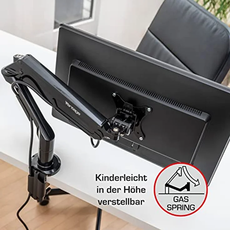 Vantage Premium Monitor Einzelarm Halterung (VESA 75 & 100, max. 3-12 kg, für 17-36 Zoll Bildschirme, mit Gasdruckfeder, drehbar, neigbar, schwenkbar) schwarz – Bild 3