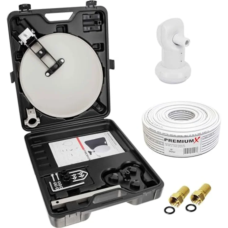 Premium X Camping SAT-Anlage, Satellitenschüssel im Koffer mit Single LNB und 15m Kabel, 2x F-Stecker, mobil und schnell aufgebaut – Bild 1