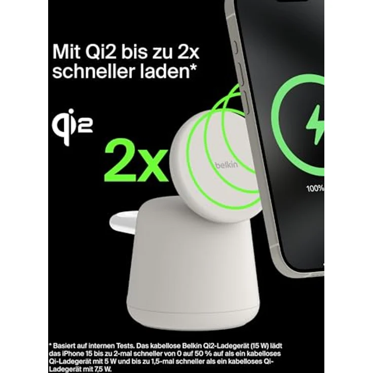Belkin BoostCharge Pro kabellose 2-in-1-Ladestation mit Qi2 (15 W), MagSafe für iPhone 16, 15, 14, 13, 12, Apple Watch, AirPods, inkl. Netzteil – Sandfarben – Bild 2