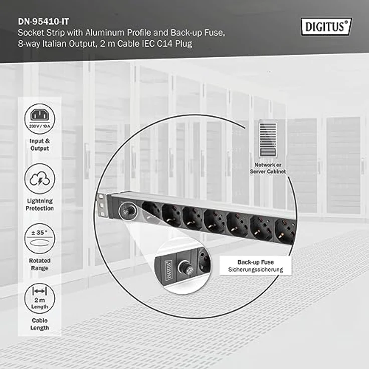DIGITUS Steckdosenleiste mit Aluminiumprofil und Vorsicherung, 8-Fach Italienische Ausgang, 2 m Zuleitung, IEC C14 Stecker – Bild 3
