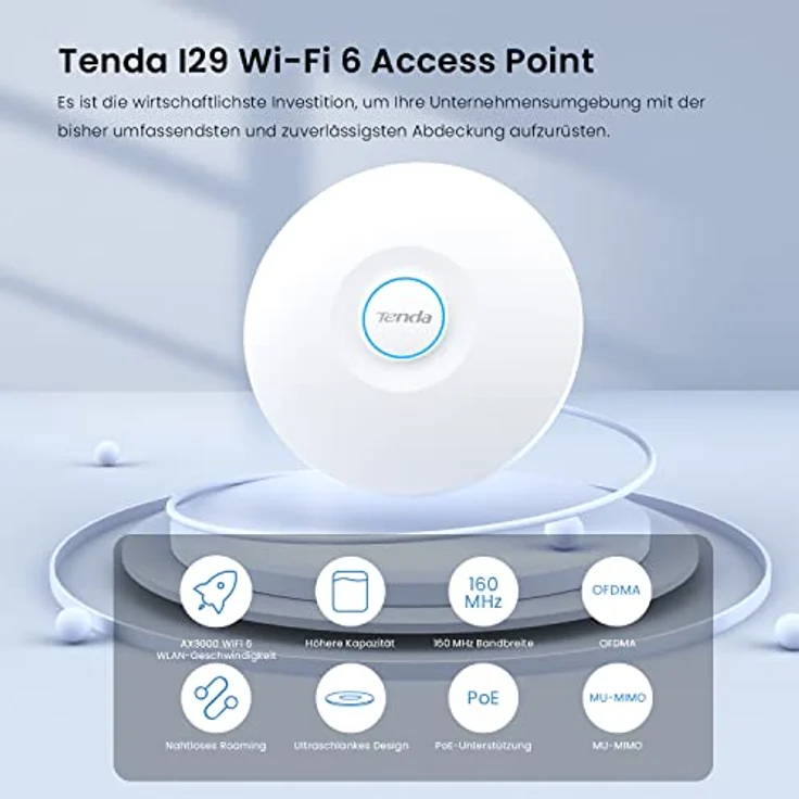 Tenda i29 AX3000 Access Point PoE WiFi 6 (802.11ax Dualband, MU-MIMO und OFDMA, 2 Gigabit Ports, WPA3, mehrere SSIDs, PoE+ Powered, inklusive Netzteil) in Weiß – Bild 2