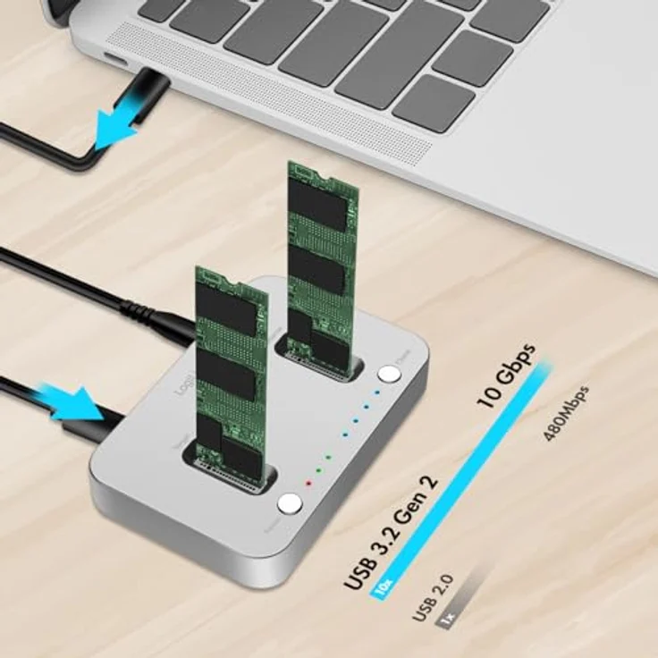 LogiLink QP0033 - USB 3.2 (Gen 2) Dockingstation 2-Port für M.2 NVMe SSD mit Offline-Clone, Silber – Bild 2