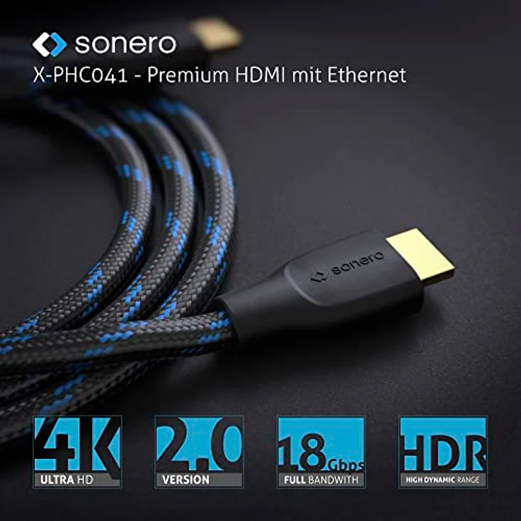 Sonero® 4K HDMI Verlängerungskabel, Premium High Speed, 4K 60Hz, HDMI Stecker auf HDMI Buchse, vergoldete Kontakte, zweifache Abschirmung, Baumwollmantel, 0,50m – Bild 5
