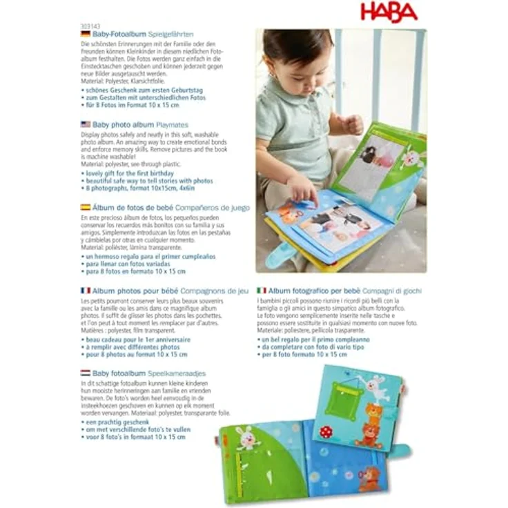 HABA 303143 - Baby-Fotoalbum Spielgefährten2 | Album aus Stoff mit 10 Seiten | Einstecktaschen für 8 Fotos im Format 10 x 15 cm | Ab 12 Monaten – Bild 11