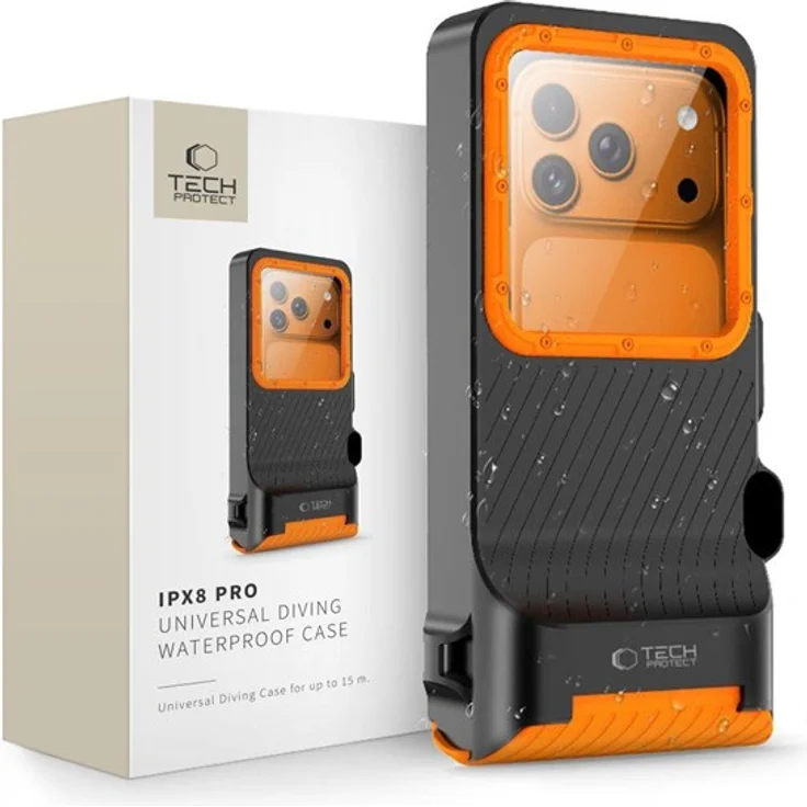 Tech-Protect IPX8 Pro Waterproof Phone Case, orange und schwarz, für Smartphones 4.7-6.9 Zoll, mit Touchscreen-Schutz und integriertem Selfie-Stick