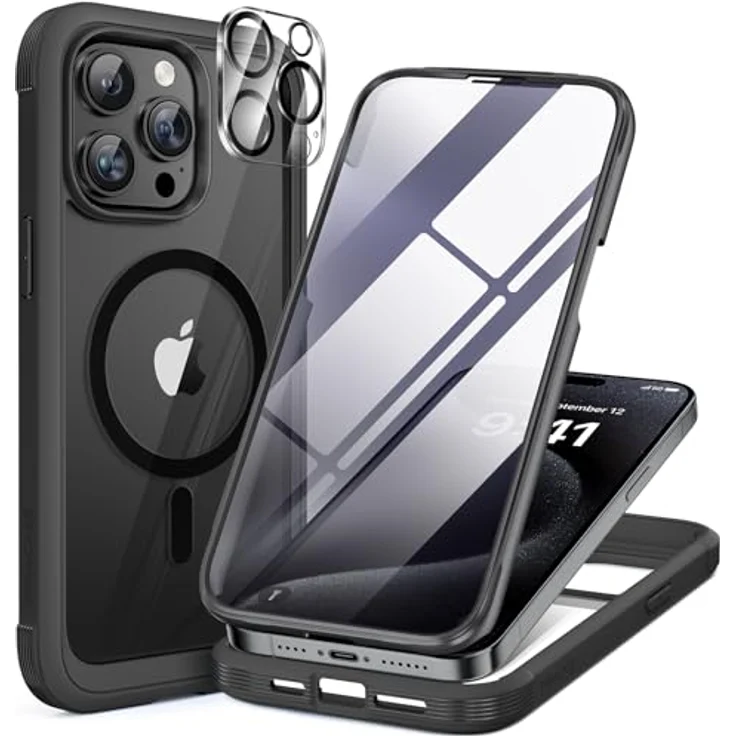 Miracase Glas Serie iPhone 15 Pro Max Hülle mit MagSafe, 360° Militärschutz & Kameraschutz, stark magnetisches Case, schwarz – Bild 1