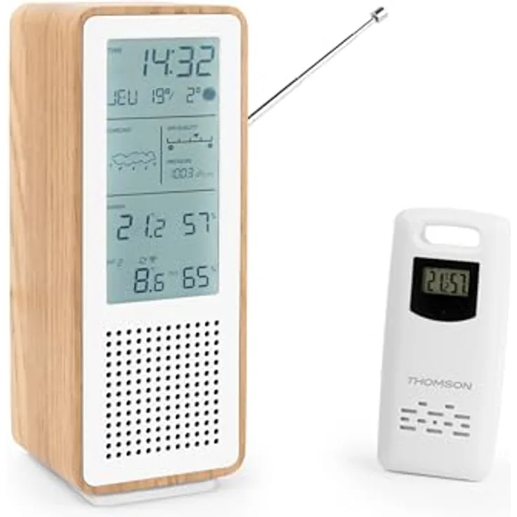 Thomson WS102TWH, Bluetooth 5.3 Lautsprecher mit Wetterstation, Weiß/Holz