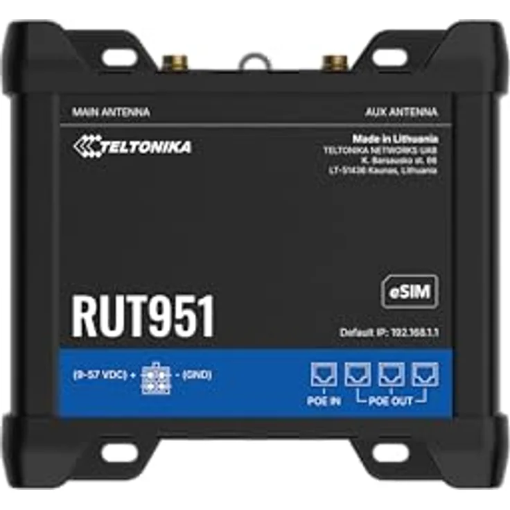 Teltonika RUT951, Industrieller WLAN-Router mit Dual-SIM, 4G LTE, vier PoE+-Ports und Hotspot-Funktionalität