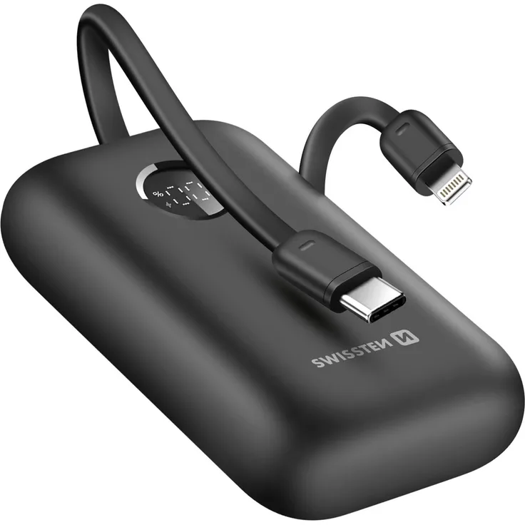 Swissten Voltbox, Externer Akku 10000mAh mit integriertem USB-C und Lightning-Kabel, 35 Watt, LED-Anzeige, Schwarz