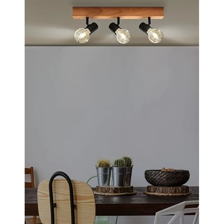 EGLO Deckenlampe Townshend 3, 3 flammiger Vintage Deckenspot im Industrial Design, Retro Lampe aus Stahl und Holz, schwarz, braun, E27 Fassung, FSC zertifiziert – Bild 2