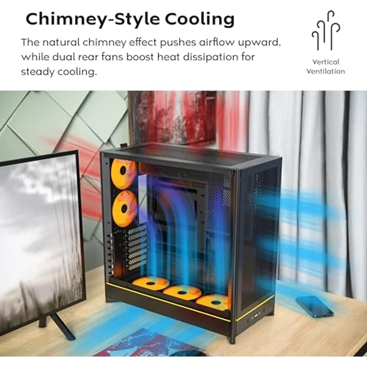 Montech HS01 PC-Gehäuse, Midi-Tower ATX, Tempered Glass, aRGB Beleuchtung - schwarz, bis zu 11x 120-mm-Lüfter, Radiatorunterstützung bis 360 mm – Bild 7