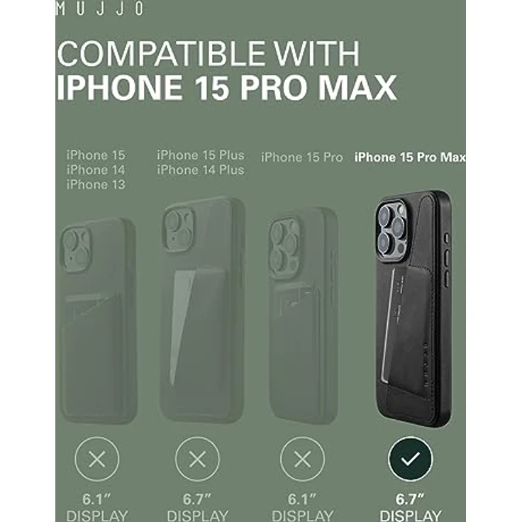 Mujjo Lederhülle Wallet iPhone 15 Pro Max schwarz - Integrierte Brieftaschen-Funktionalität, außergewöhnlicher Schutz, Magsafe-kompatibel – Bild 5