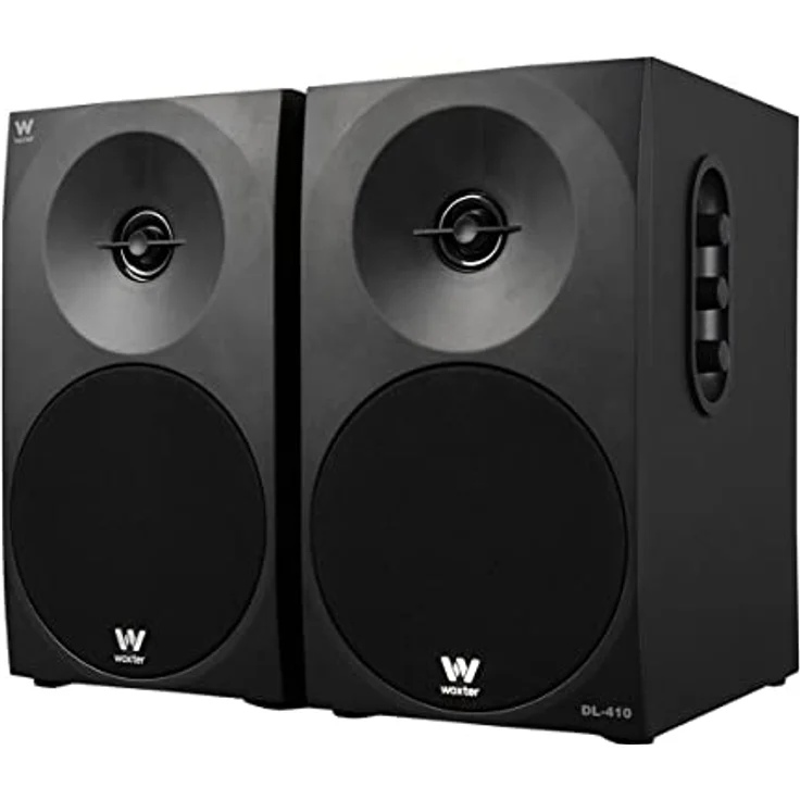 Woxter Dynamic Line 410 Black - 2.0 Stereo-Lautsprecher (mit 150W Leistung angetrieben, Holz, 4, Woofer, 2 Hochtöner, 3,5 mm, RCA, Bassreflex-Control (Lautstärke, Höhen, Bass), Farbe schwarz – Bild 2
