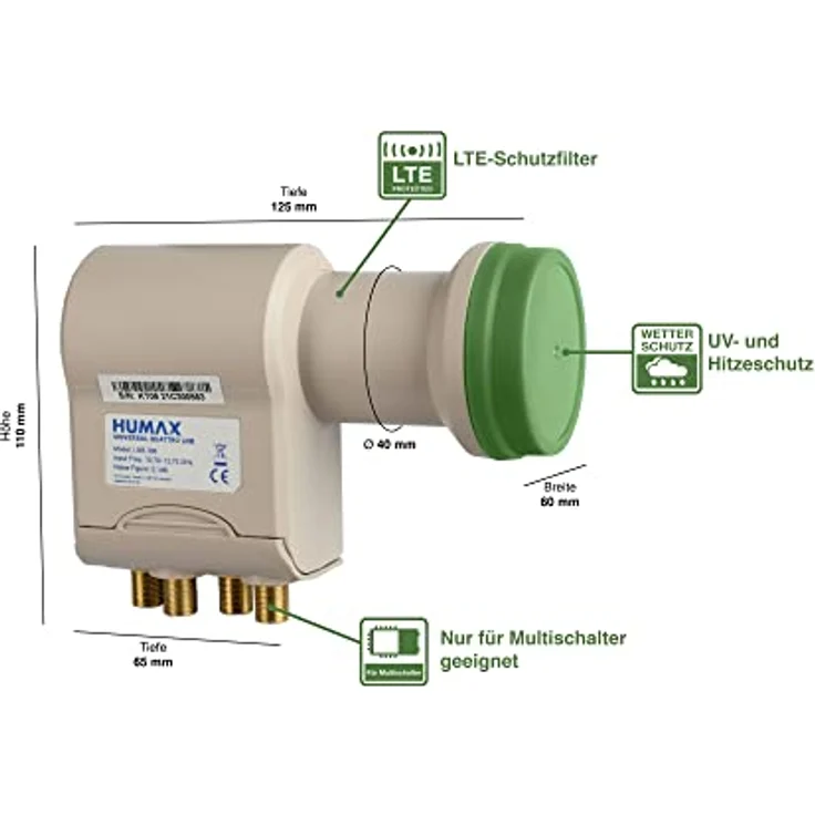 HUMAX Green Power Quattro-LNB, Stromspar-LNB, Satelliten universal LNB für Multischalter, LTE-Filter, Wetterschutzgehäuse und vergoldete F-Buchsen, digitales Fernsehen in HD, Full HD, 4K UHD – Bild 3
