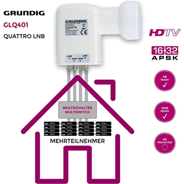 [Test SEHR GUT *] GSS Quattro LNB Weiss für Multischalter, Multiswitch geeignet - mit LTE Filter - Sat, Satelliten, Full HD, HDTV, UHD 4K, 0.1dB, LMB, Wetterschutz, extrem kälte- & hitzebeständig – Bild 3
