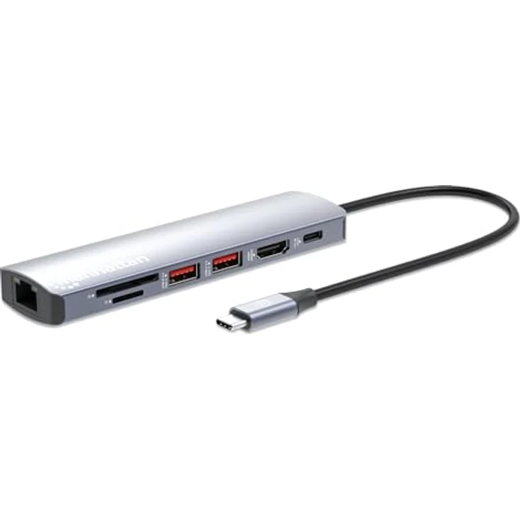 Manhattan 153966 Docking Station USB-C PD 7-in-1 4K Hub Multiport Silver, HDMI 4K@60Hz, Gigabit Ethernet, Aluminiumgehäuse – Bild 1