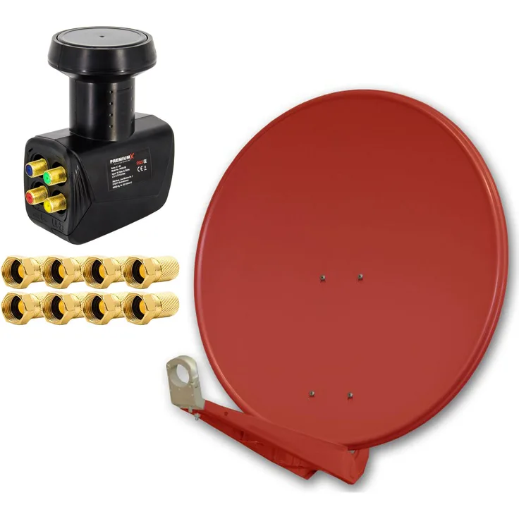 PremiumX DELUXE SAT Anlage für 4 Teilnehmer, 85cm Aluminium Satellitenantenne in Ziegelrot mit Quad LNB Black Edition und 8x F-Stecker