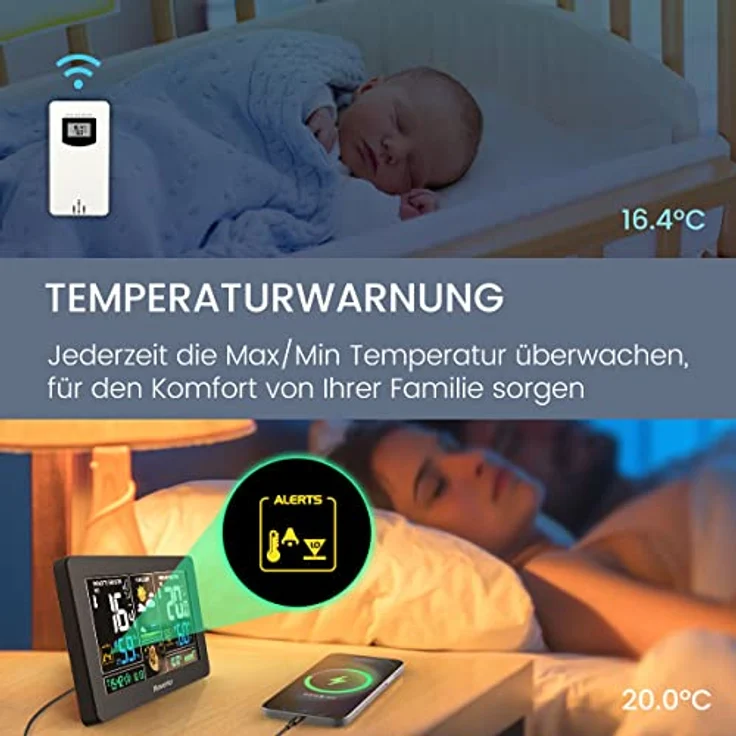 Newentor Wetterstation Funk mit Außensensor - Funkwetterstation mit Wettervorhersage, Temperaturwarnung, DCF Funkuhr - Batteriebetrieb und Netzbetrieb, Schwarz – Bild 2