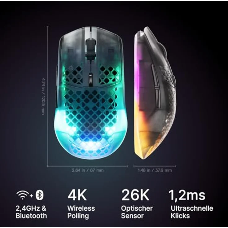 SteelSeries Aerox 3 Wireless Gen 2, Ultraleichte 68-g-Gaming-Maus mit 26K-DPI-Optiksensor, 4K-Polling, 200 Std. Akkulaufzeit, IP54, RGB, Shadow – Bild 2