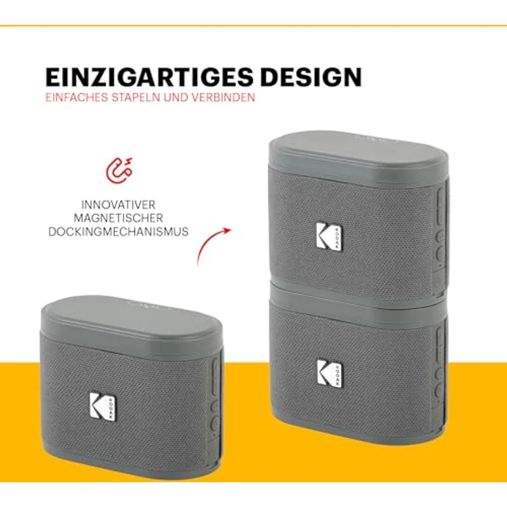 KODAK SOUNDBRIX Tragbarer Bluetooth-Lautsprecher, kabellos, 5 W Sound, magnetisches Dock, 3 Stunden Akkulaufzeit, grau, Anschluss von bis zu 100 Lautsprechern – Bild 3
