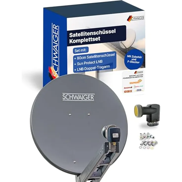 Schwaiger Satellitenanlage Set, Anthrazit Aluminium 75 cm, Quad LNB und Wetterbeständigkeit für optimalen Empfang