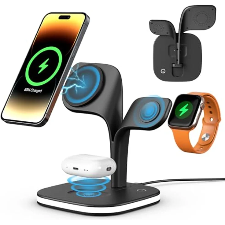 Wisam 5 in 1 MagSafe 15W QI Ladestation geeignet für iPhone 12/13/14/15/Pro/Pro Max/Mini, iWatch 2/3/4/5/6/7/8/9/Ultra/SE und AirPods 2/3/Pro/Pro 2, LED Lampe, Touch-Steuerung, Weiß – Bild 2