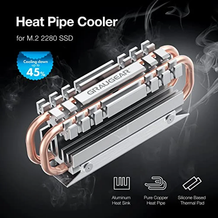 GRAUGEAR| M.2 NVMe SSD (2280) Heatpipe-Kühlkörper | lautloser Kühler | reduziert die Temperatur um bis zu 45% | 4xWärmeleitpads | Kupfer-Heatpipe | G-M2HS06 – Bild 5