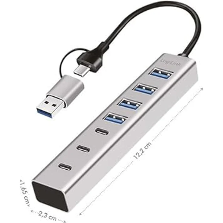 Logilink 076271 USB 3.2 Hub, 4 Ports USB-A und 3 Ports USB-C, Aluminium, Silber – Bild 2