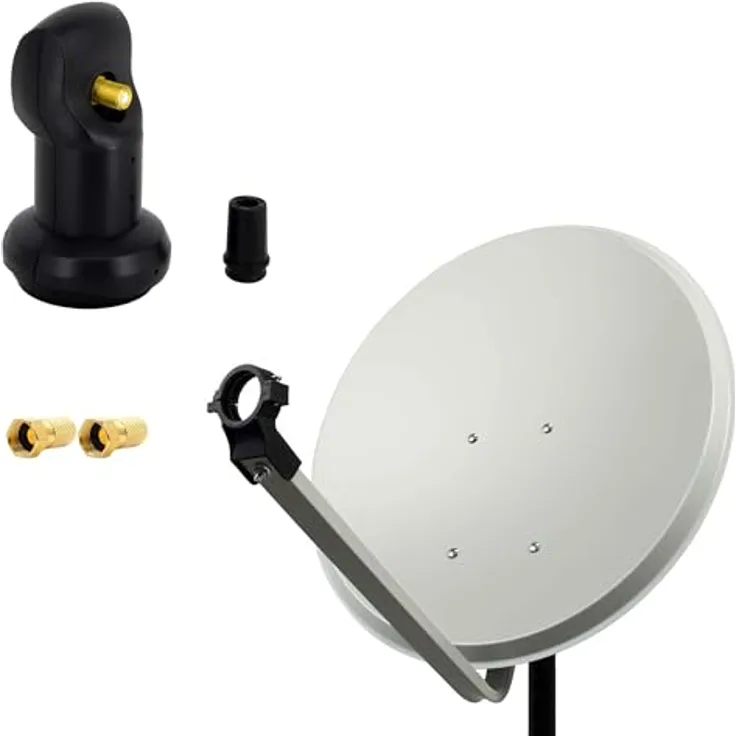 PremiumX PXS60 Satelliten-Komplettanlage, 60 cm Satellitenschüssel aus Stahl in Hellgrau, mit wasserdichtem Single LNB und 2 F-Steckern für 1 Teilnehmer