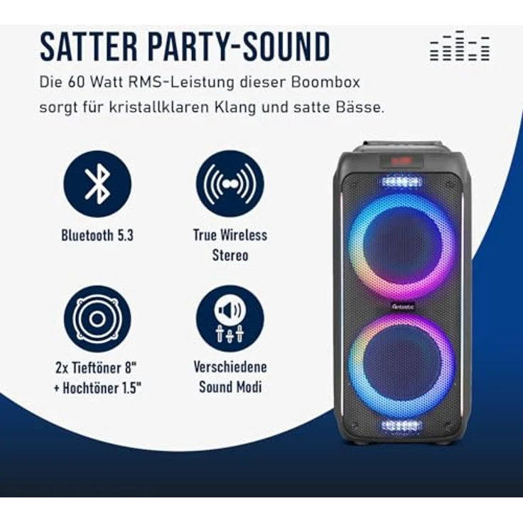Fontastic Party-Lautsprecher Zeal - Bluetooth Lautsprecher mit USB-Wiedergabe, AUX und MicroSD - Karaoke Box mit Mikrofon und LED Leuchteffekten - tragbare Soundsystem - Schwarz – Bild 3