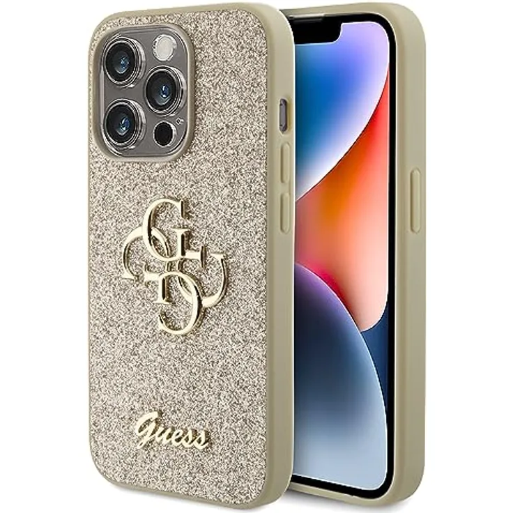Guess GUHCP15LHG4SGD, Hülle für iPhone 15 Pro 6.1" in Gold, Hardcase mit Glitzer und Big 4G Logo