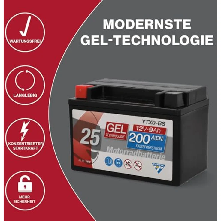CARTEC YTX9 BS Geltechnologie Motorradbatterie, wartungsfrei, auslaufsicher, zyklenfest, 8 Ah, 135 A Kaltstartstrom – Bild 5