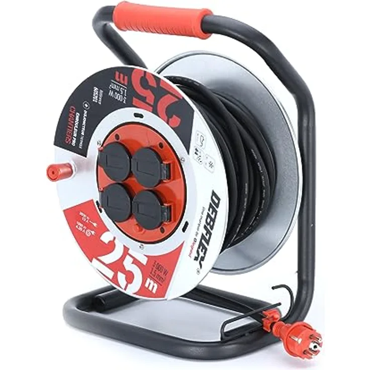 DEBFLEX - Kabeltrommel HO7RN-F 3G1,5-4 Steckdosen wasserdicht – IP44-25M – Schwarz und Rot