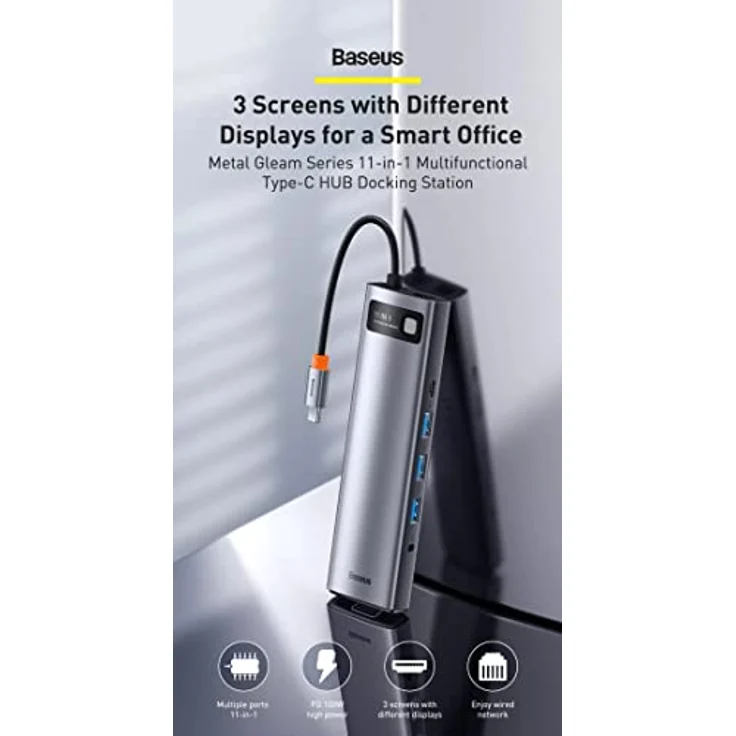 Baseus HUB Metal Gleam Series CAHUB-CT0G, 11-in-1 Multifunctional USB-Hub mit 3xUSB 3.2, PD 100W, 3,5 mm Jack, VGA Full HD 60Hz, 2xHDMI 4K, TF+SD Card, RJ45, Space Gray – Bild 2